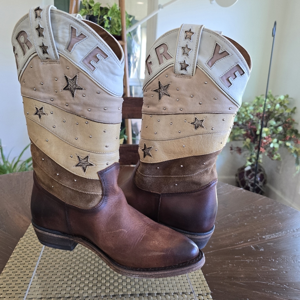NWOB Frye Brown & Tan Western Cactus Embroidered Heeled Boots - Picture 6 of 12